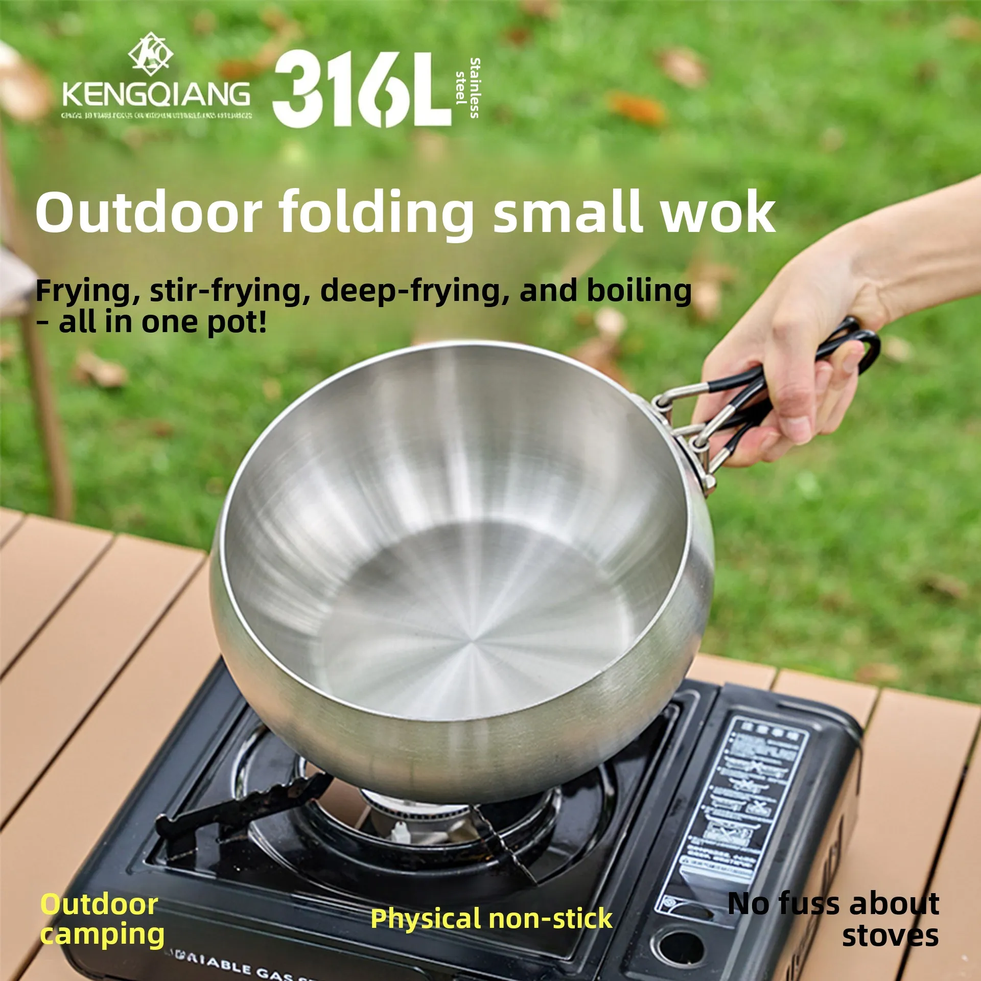 Outdoor Foldable Small Fryer 316L Stainless Steel Portable Camping Multifunctional Fryer Uncoated Fryer