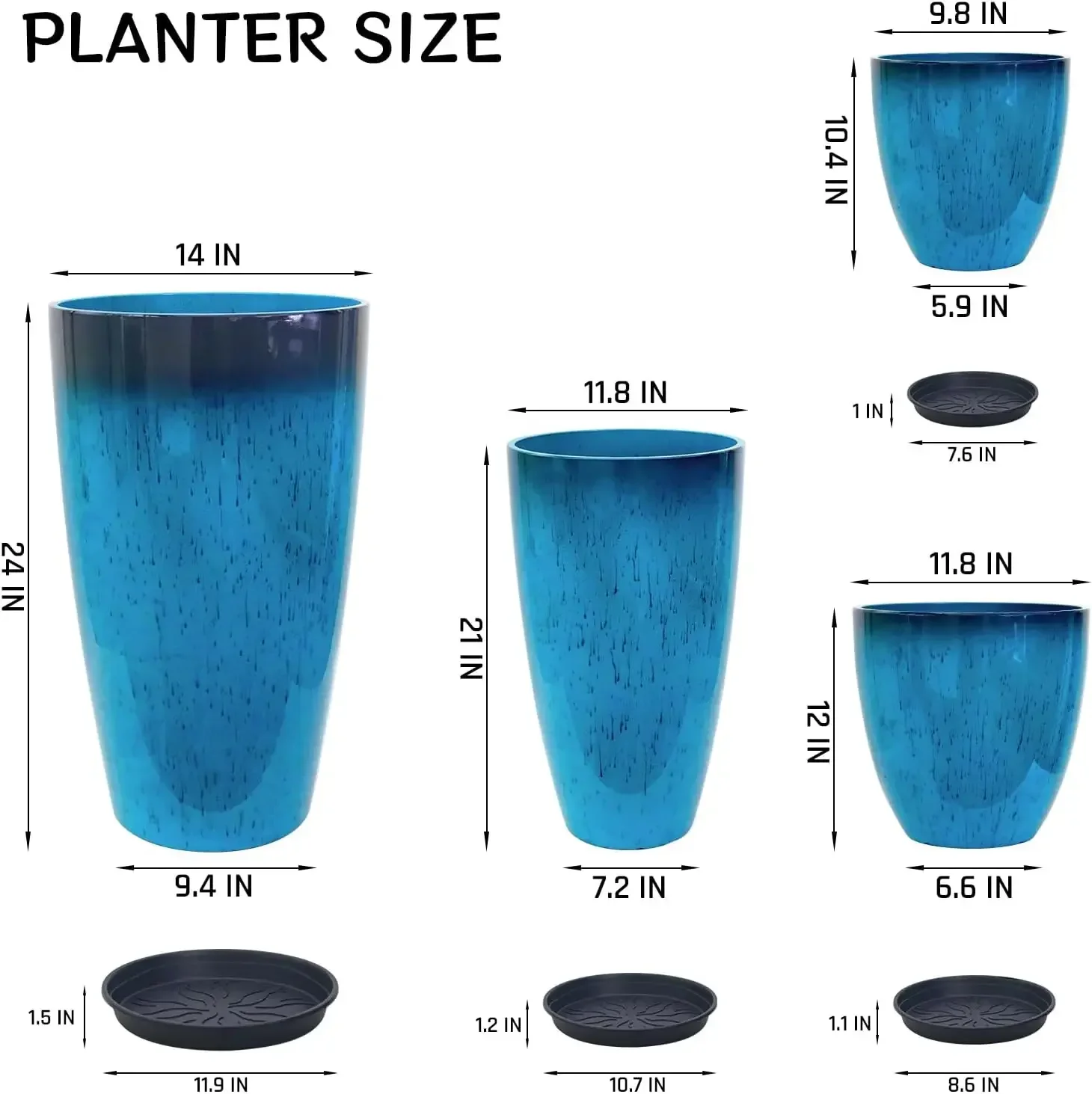 

[Best Seller!]ZMTECH 24/21/12/10" H Large Plastic Planters with Drainage Hole & Saucer, Set of 4 Tall Plant Pots for Indoor/Outd