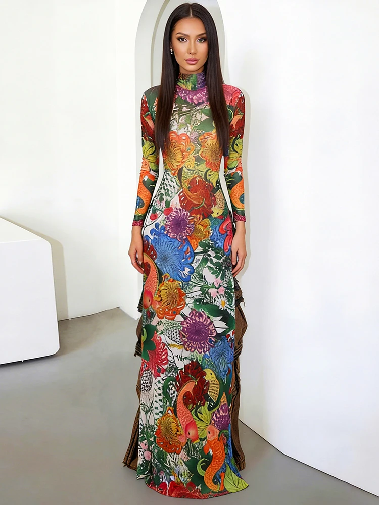 Nibber Splits Hem T-Shirts Woman Colorful Flower Extended Print o-Neck Full Sleeve High Waist Spring Trend Elegant Streetwear