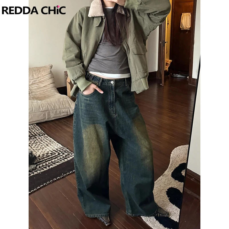 

REDDACHiC Green Wash Whiskers Women Baggy Jeans Big Size Adjustable Low Waist Frayed Wide Leg Pants Boyfriend Vintage Clothes