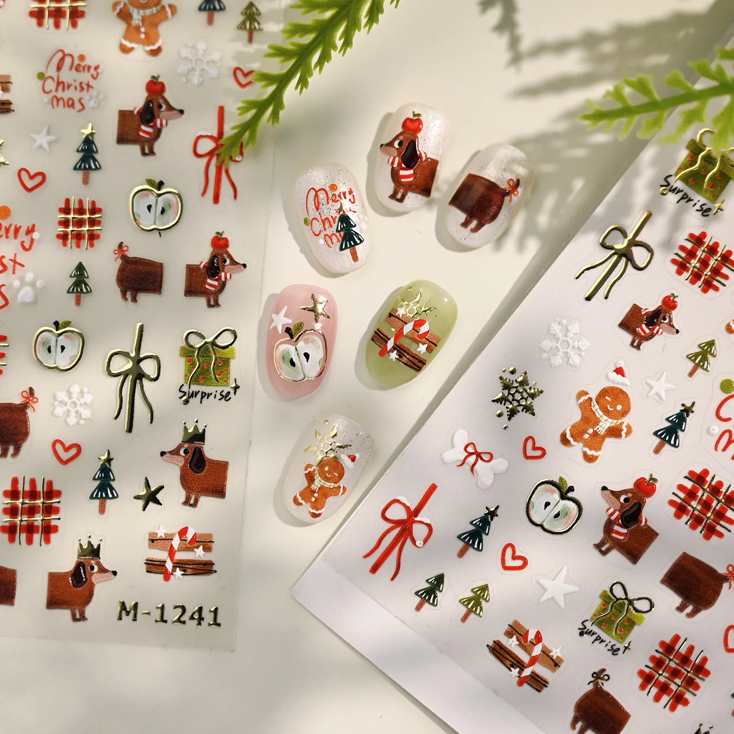 Gold Stamped Cute Dachshund Gingerbread Man Apple Bowknot Gift Snowflake Christmas Tree Nail Art Stickers Xmas Manicure Decals