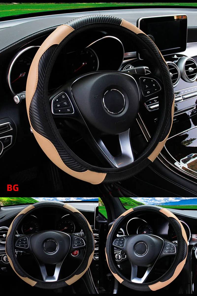 Auto Lenkrad Abdeckung Atmungsaktive Anti Slip PU Leder Lenkung Abdeckungen Geeignet 37-38,5 cm Auto Dekoration Carbon Faser – Detail 12