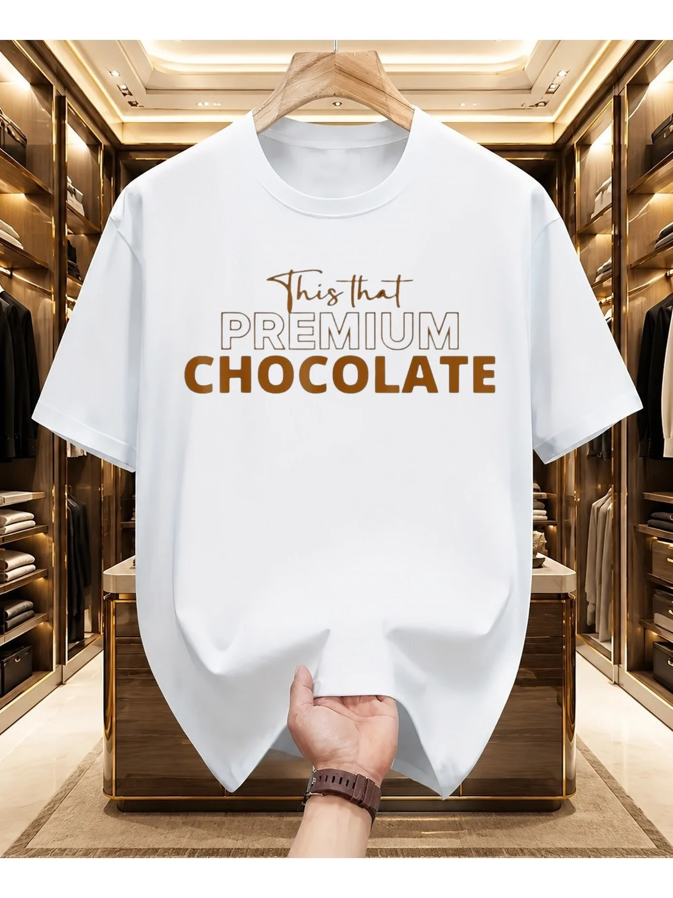 Men's White Chocolate Lover Graphic T-Shirt - This That Premium Chocolate Text Print with Bold Orange Lettering Casual Round Neck Short Sleeve Tee for Casual Attire All-Season Fit Ideal for Ch
