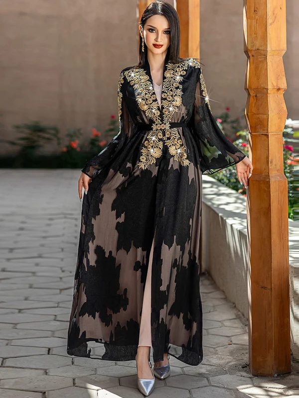 

Черно-золотой кружевной комплект из двух предметов с вышивкой и поясом, платье для выступлений, дорожная одежда, длинное платье, элегантный модный наряд