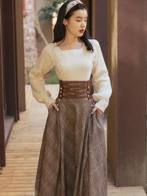 Pull et jupe longue en laine a carreaux taille haute pour femmes ensemble chaud pull blanc ogo tenues elegantes style anglais automne hiver AliExpress