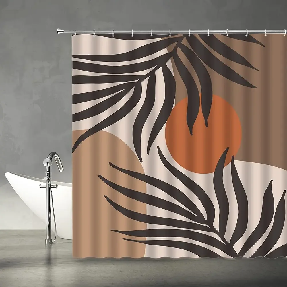 Mid Century Shower Curtain Abstract Modern Art Aesthetic Terracotta Minimalist Sun Geometric Plant Fabric Bathroom Curtains Set