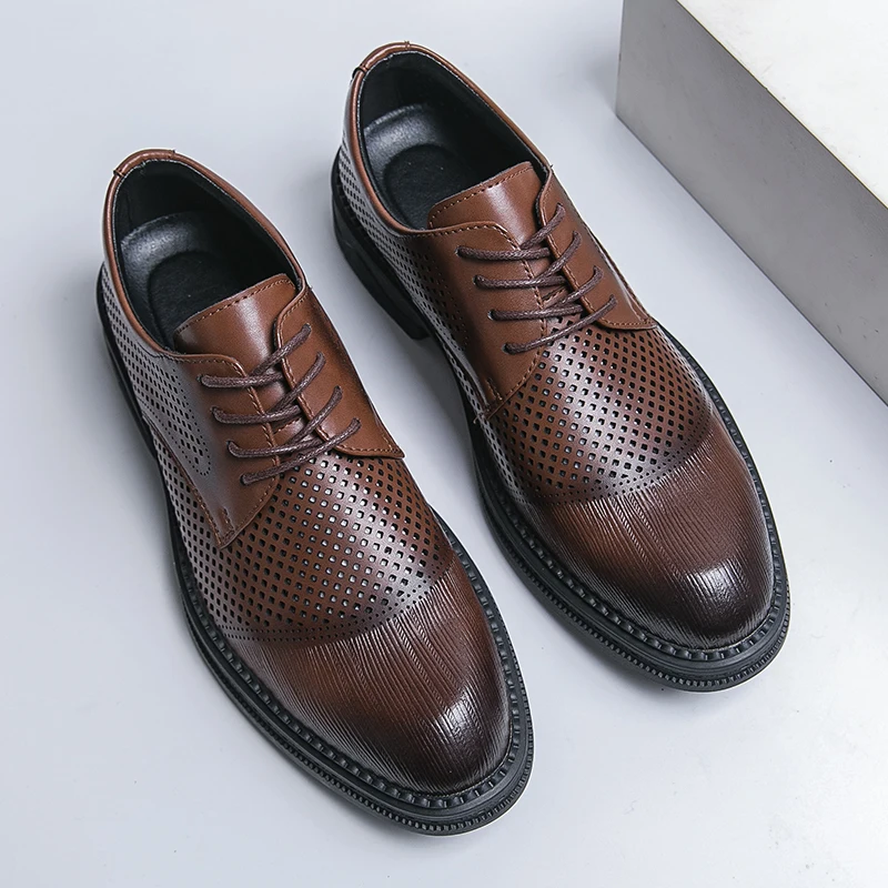 Summer Retro Classic Derby Shoes Double Layer Cowhide Breathable Lace up Business Dress Shoes Outdoor Comfortable Shoes Men Shoe