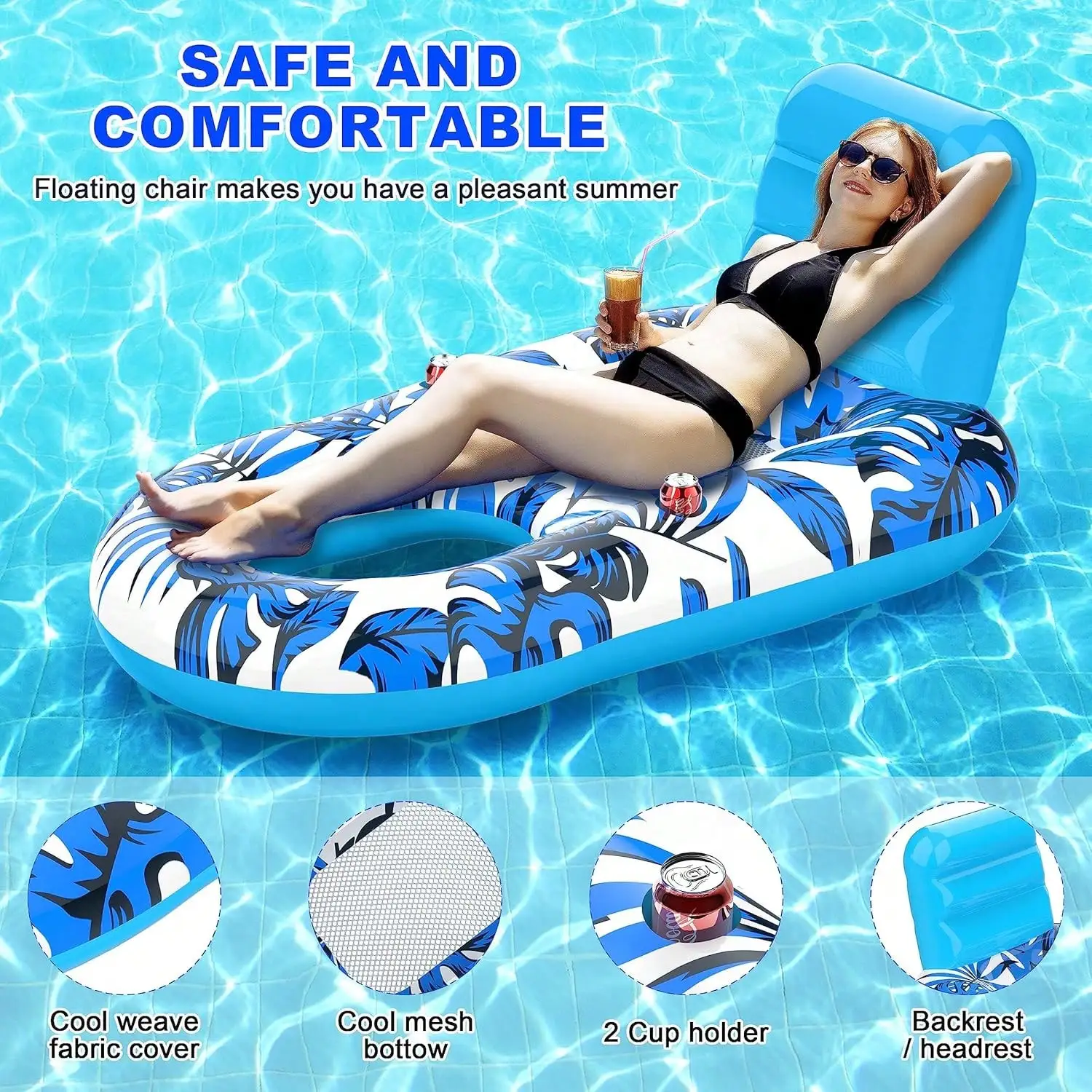 Adult Inflatable Pool Float Chair with Backrest & Cup Holder, Large Floating Lounge for Summer Relaxation at Beach Lake