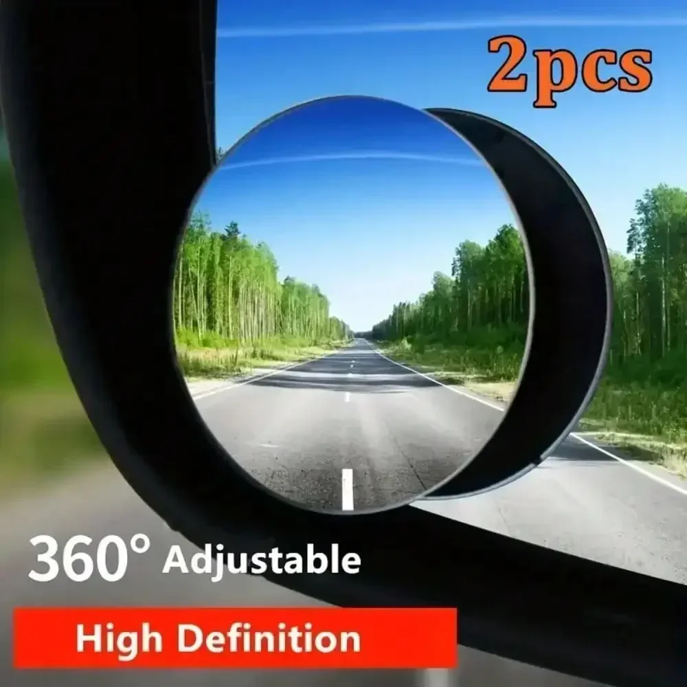 2Pcs Round Frame Convex Blind Spot Mirror Safety Driving Wide Angle 360 Degree Adjustable Clear Rearview Mirror