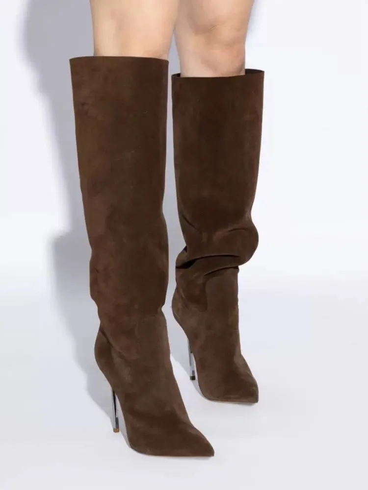 2025Herbst und Winter Damen Neue Wildleder High Heels Knielange Damenstiefel Mode Spitz 34-46 Große mittelgroße Stiefel