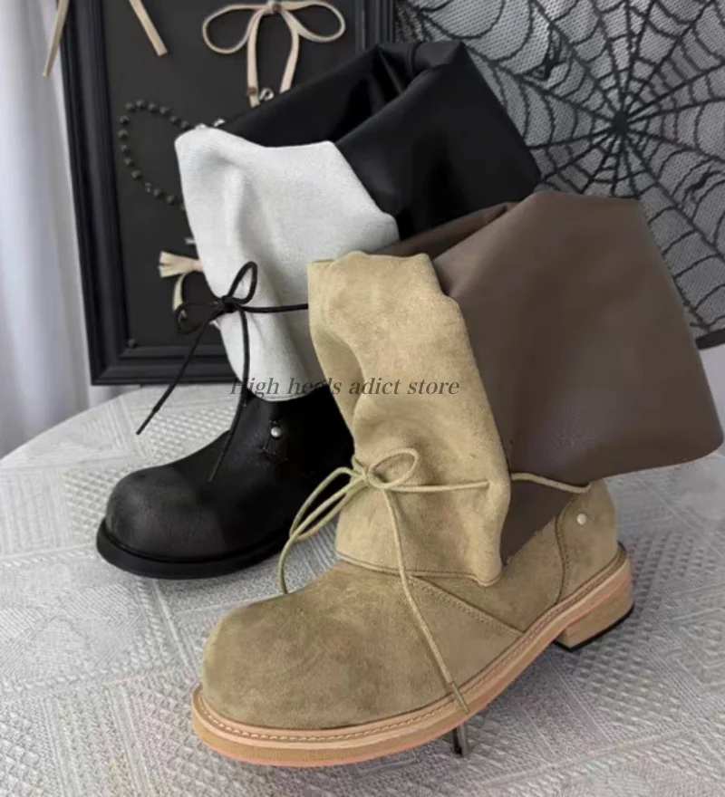 Vintage round toe lace up flod mid calf boots leather black/Khaki flats strappy causal dress booties luxury designer soft shoes view 3