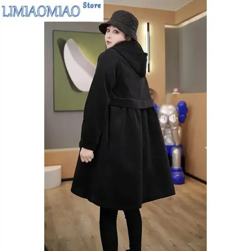 New Autumn Winter Thick Coat Fashion Large Purple Windbreaker Big Pocket Women's Loose Versatile Corduroy Hooded Coat 6XL