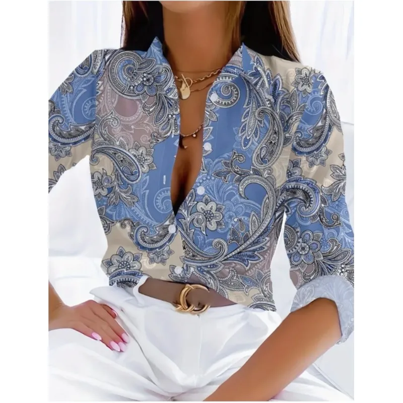 New women's long sleeved shirt with lapel buttons fashionable and elegant style printed pattern trendy style shirt top for women