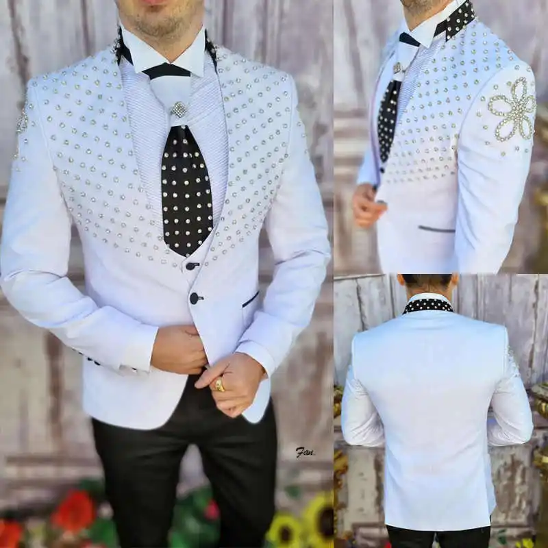 

Shiny Groom Wedding Tuxedos Slim Fit 2 Pieces Jacket Pants Beading Stand Collar Customized Ropa Hombre