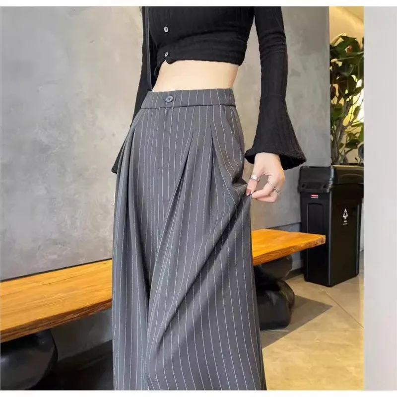 2025 Autumn Korean women's design sense loose slimming high-waisted straight-leg drape casual pants; striped suit wide-leg