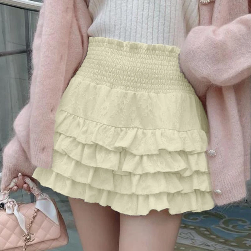 Streetwear Y2k Ruffles Mini Skirts Women Sweet Kawaii High Waist Lace A Line Skirt Summer Korean Fashion Black Ball Gown Skirts