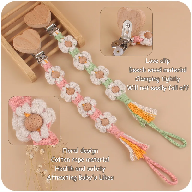 JOCartoon-Attache-sucette en bois de hêtre pour bébé, clips de sucette en forme de cœur, tissage à la main, fleur, accessoires TeWindsor DUNIHolder, nouveau