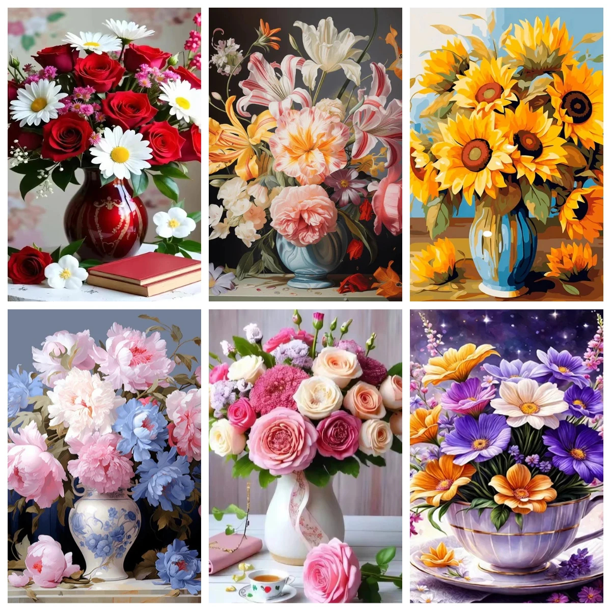 

Наборы для рисования по номерам: розы, подсолнухи, пионы. Картины на холсте для раскрашивания на стену. Цветочный декор для дома.