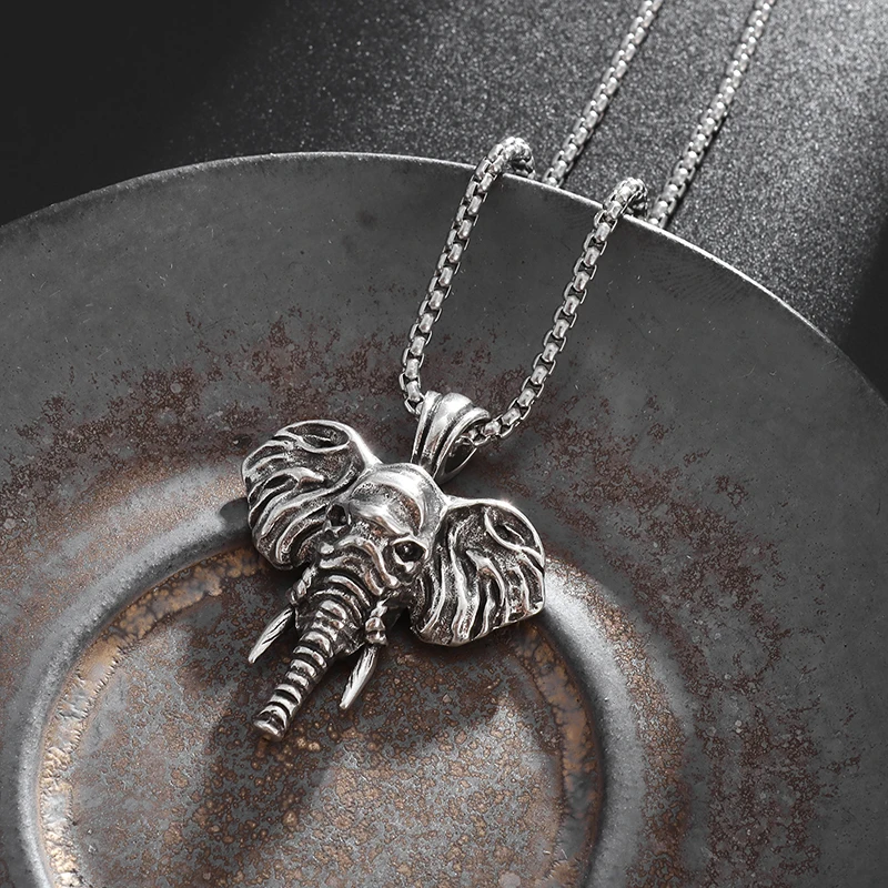 Retro Elephant Stone Pendant Retro Animal Mammoth Tribal Ethnic Necklace Men Personality Punk Trend Jewelry