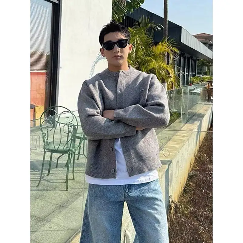 كارديجان رجالي محبوك بأسلوب أمريكي فضفاض برقبة مستديرة بلون سادة متعدد الاستخدامات بأسلوب كاجوال وكسول