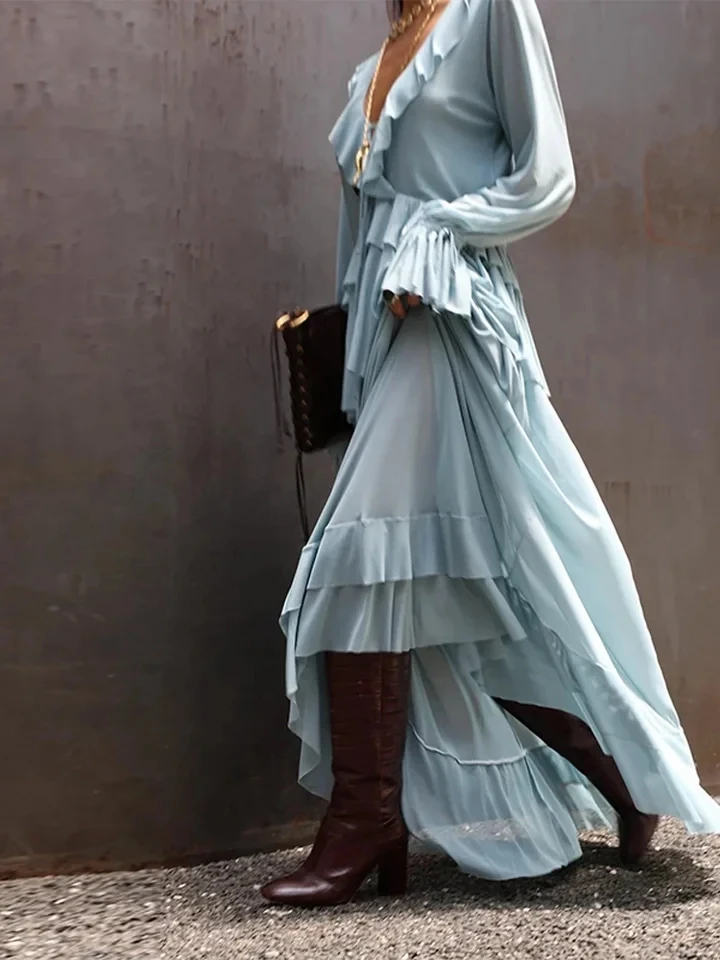 

Ruffled Long Dress Women Flared Sleeves Lace Up V-Neck Pleated Chiffon Dresses for Women