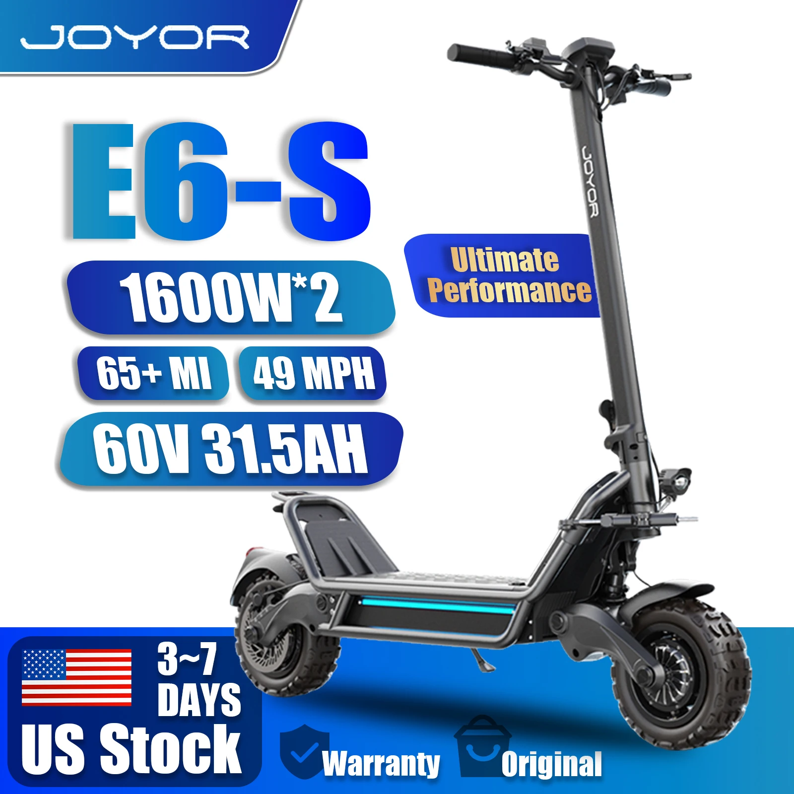 

JOYOR E6-S Offroad Scooter Dual 1600W Motors Top Speed 49MPH 60V31.5Ah Battery Commuting 65Mile Long Range Dual 11Inch OffRoad Tires Hydraulic Disc Brakes Dual Hydraulic Spring Suspension High-strength Aluminum Alloy Frame Keyless NFC Start E-Wheel