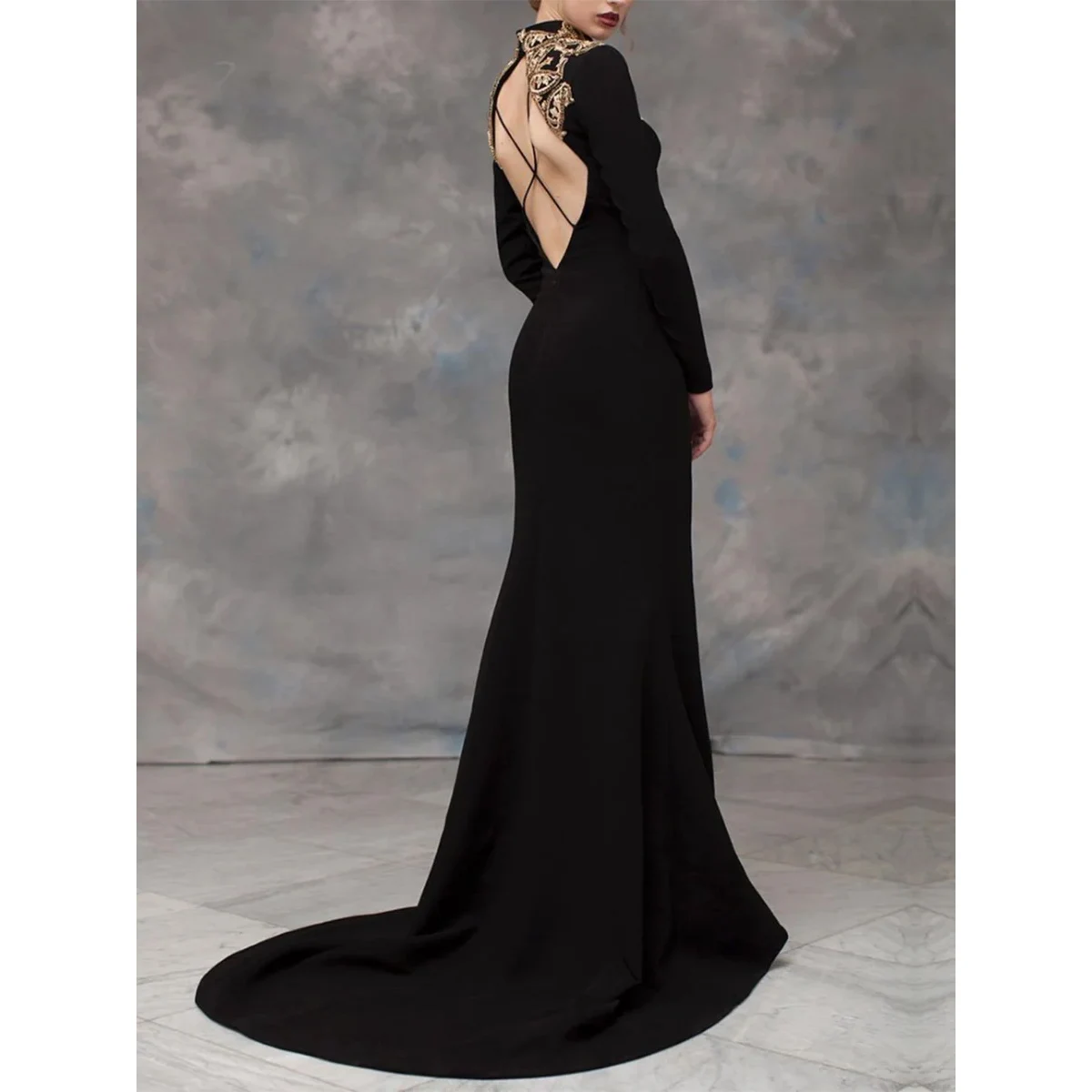 KSDN Elegant Black Prom Dress Backless Long Sleeve Golden Appliques Sweep Train High-Neck Luxury Gown Straight Vestidos De Gala