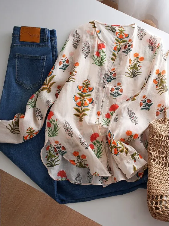 

Ele V-Ne Long Sve Ladies irt Loose Fit Printed Linen Top Faionable Summer Sun Protection Casual Workwear