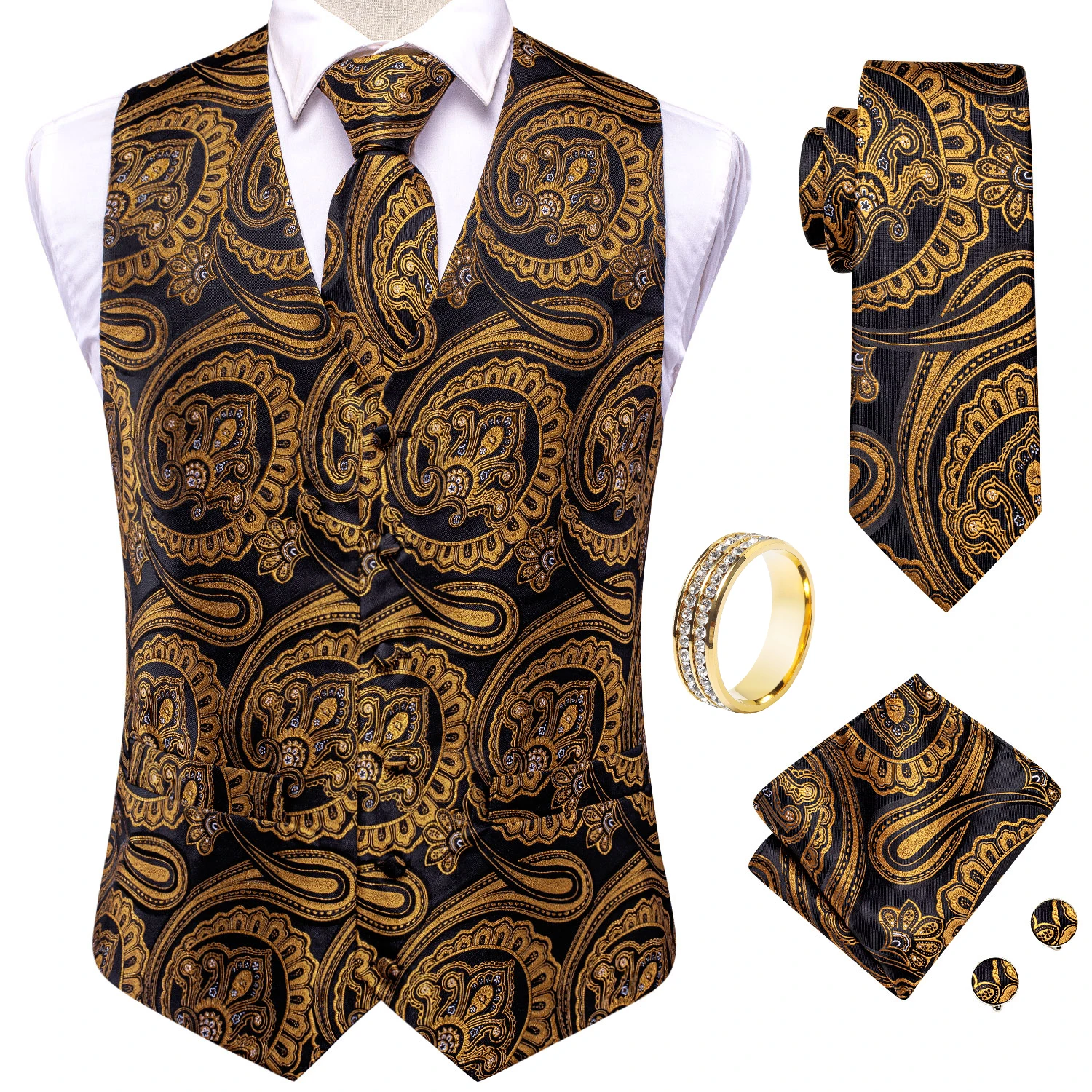 Black Vintage Large Paisley V-Neck Vest Matching Set Tie Pocket Square Cufflinks Ring For Luxury Evening Gala