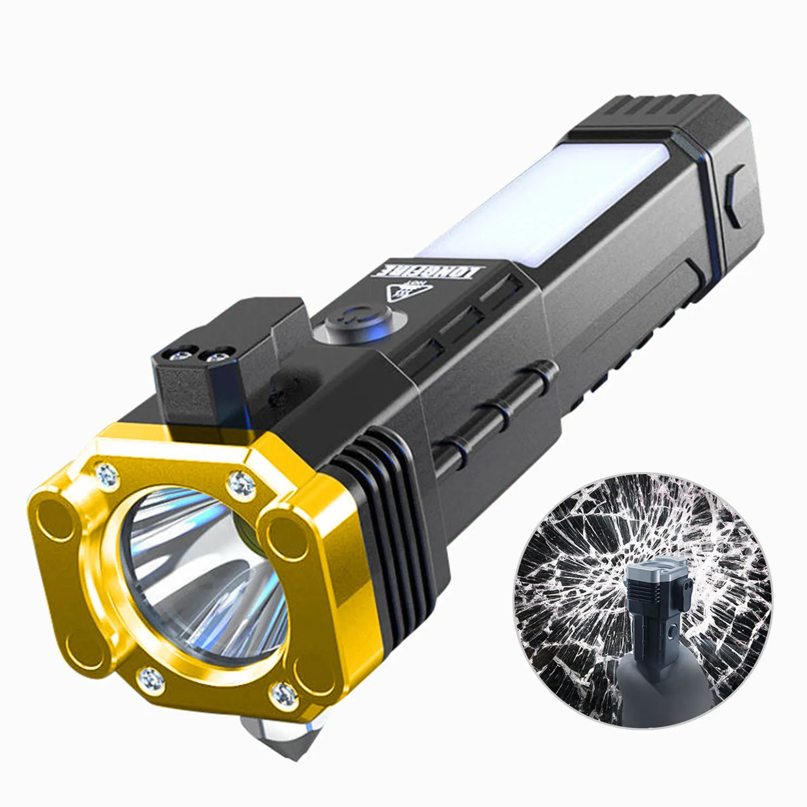 LED Flashlight Torch Car Safety Hammer Auto Escape Emergency Broken Window Hammer USB Lantern Light Outdoor Camping Lighting