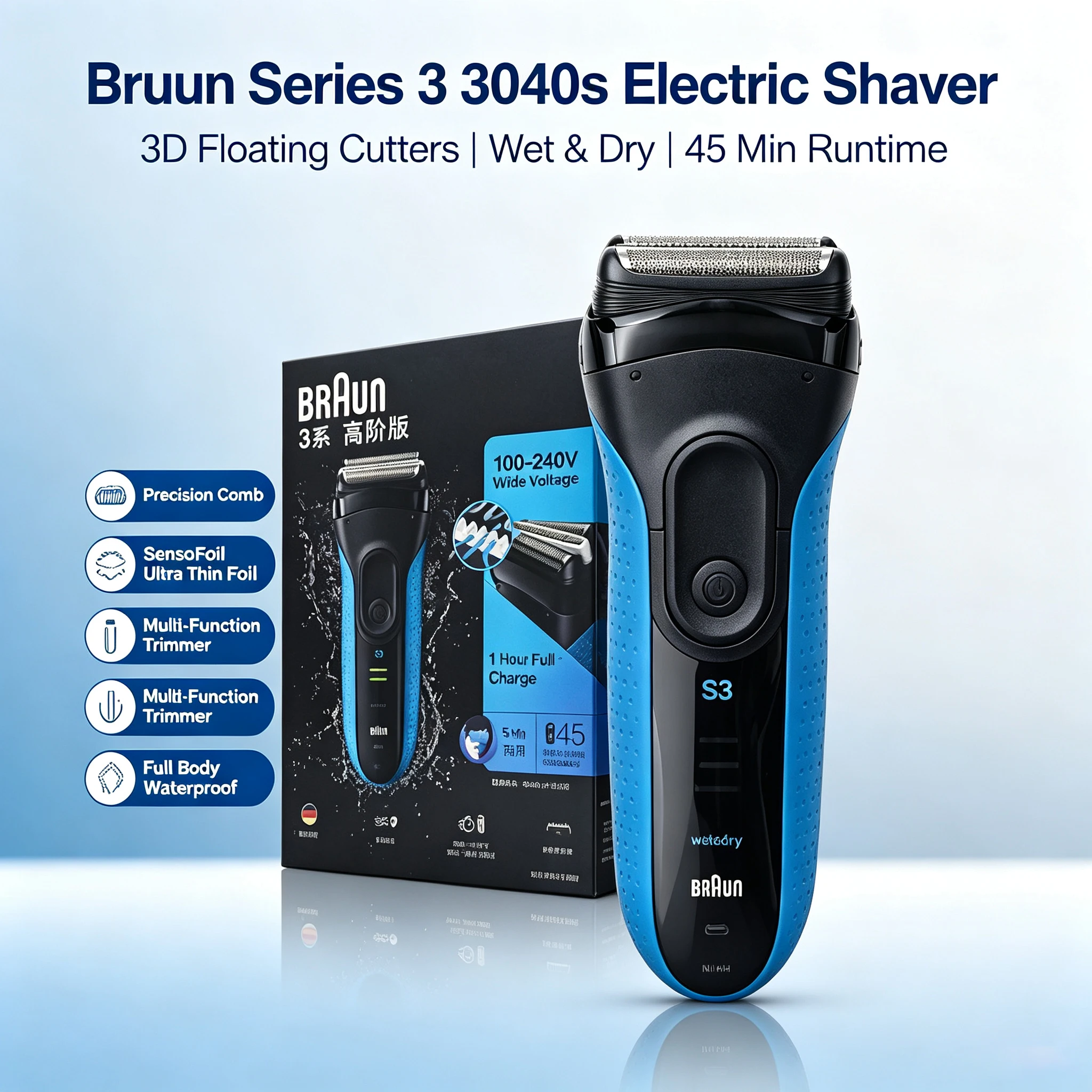 Braun Electric Shaver 3 Series ProSkin 3040S Reciprocating Shaver For Men Shaving Machine With Trimmer 100-240v