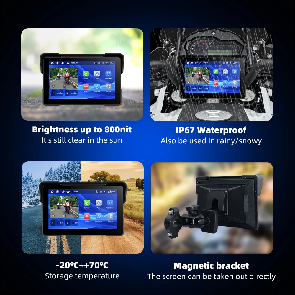 EKIY 7.0" Wireless CarPlay Moto Android Auto Portable Digital Dashboard GPS Motorcycle Navigation Display Screen TPMS Dashcam view 6