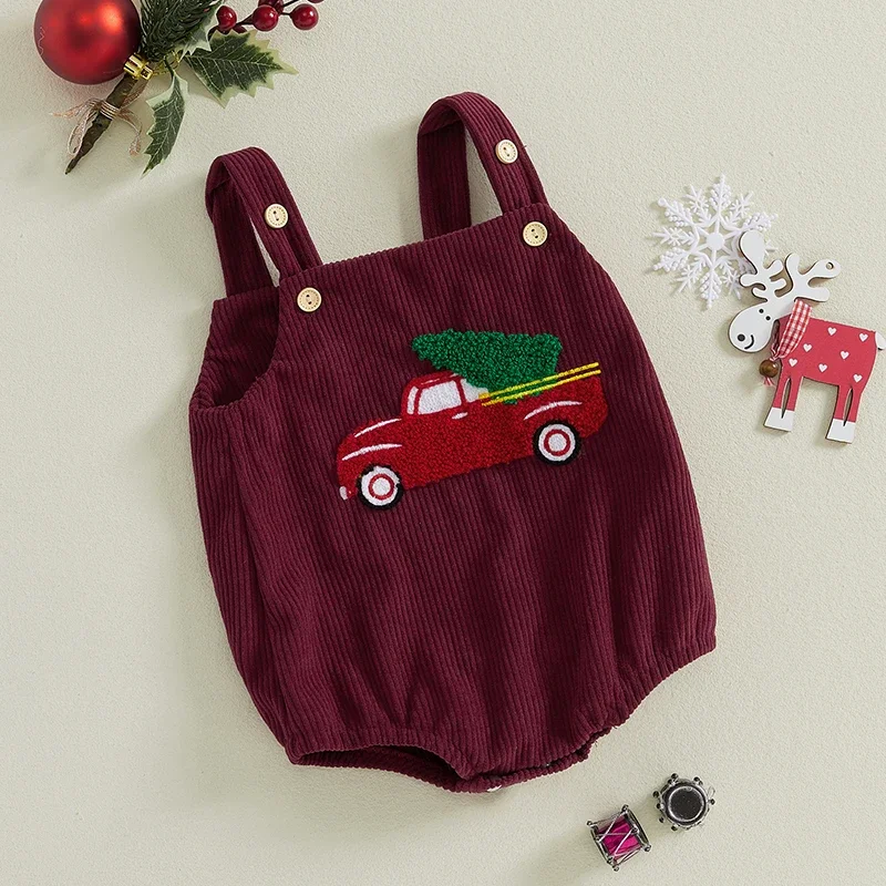 Baby Girls Boys Ovrealls Rompers Christmas Clothes Truck Embroidered Sleeveless Corduroy Infant Romper Playsuit Jumpsuits image 2