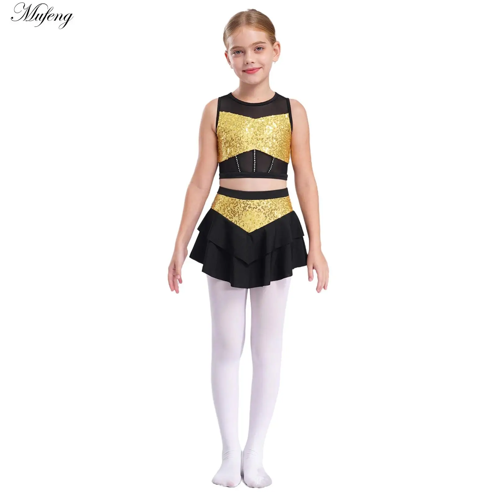 

Girls Shiny Sequin Hip Hop Jazz Dance Costume Outfit Sleeveless Sheer Mesh Crop Top with Tiered Skirt Set Cheerleading Dancewear
