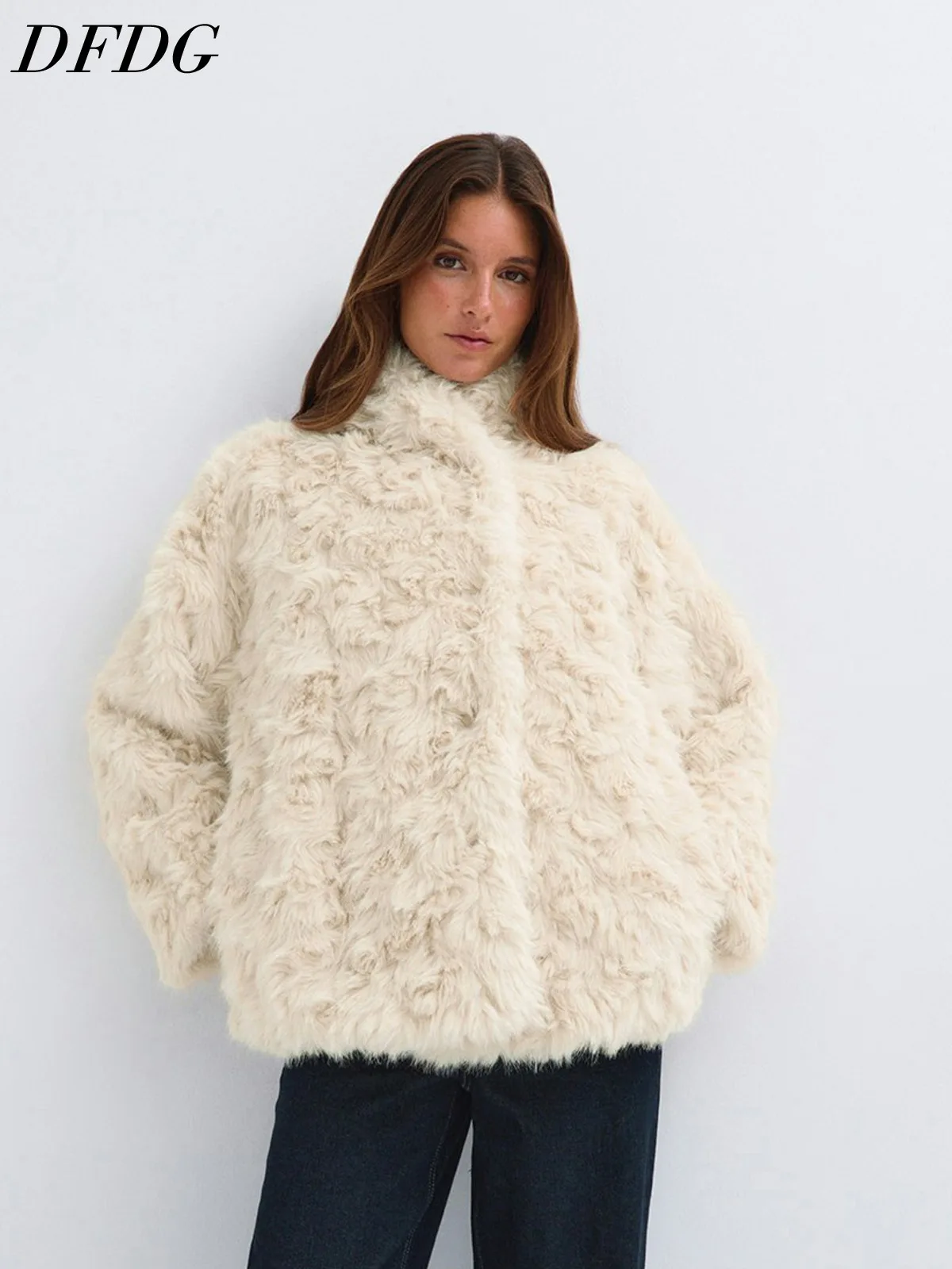 DFDG Women 2026 Curly Shaggy Faux Fur Coat Stand High Collar Oversized Drop Shoulder Soft Fluffy Warm Winter Loose Outerwear