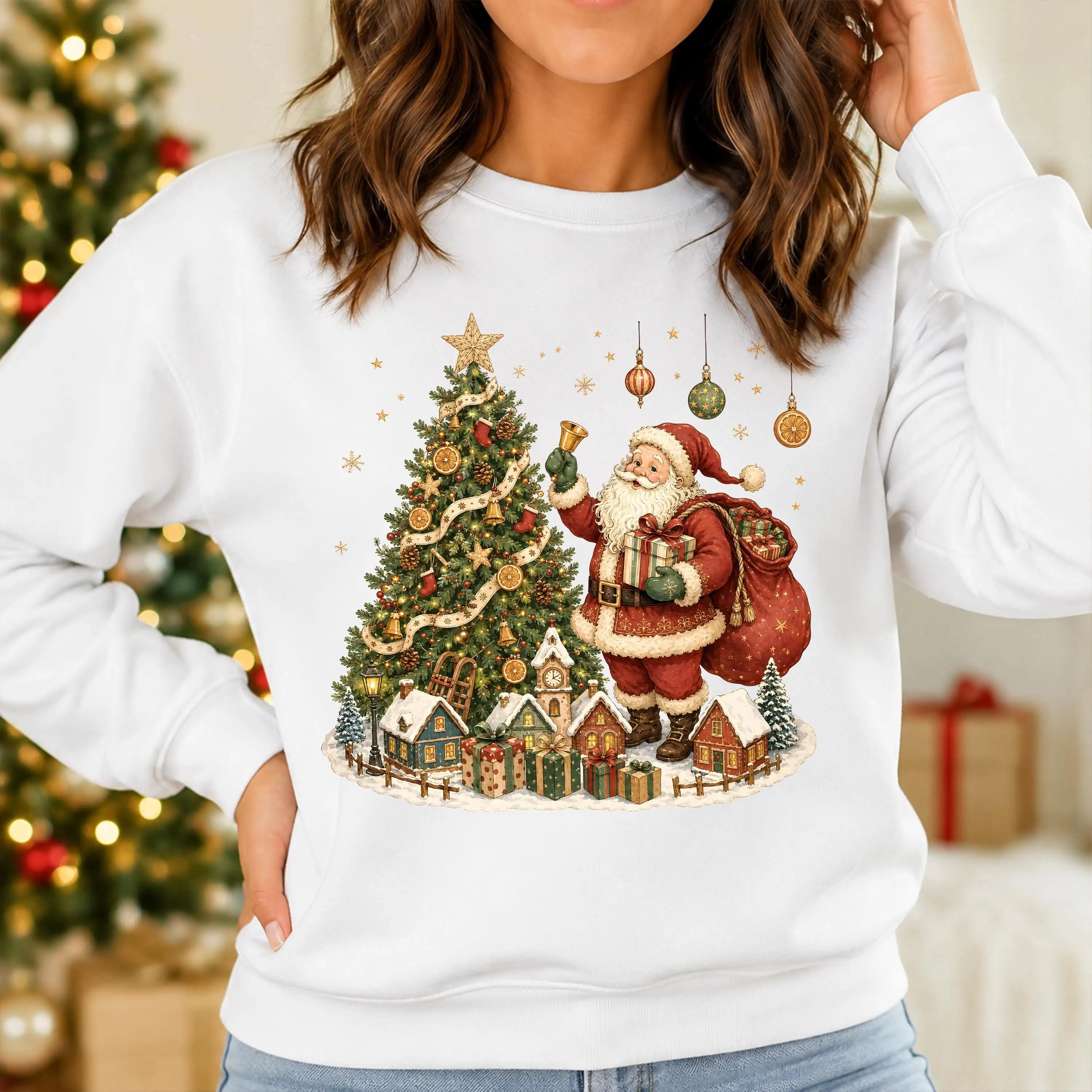 Polyester Sweatshirt Christmas Santa Claus Pullover Fleeced Warm Loose Jumper Winter Tree Print Holiday Apparel