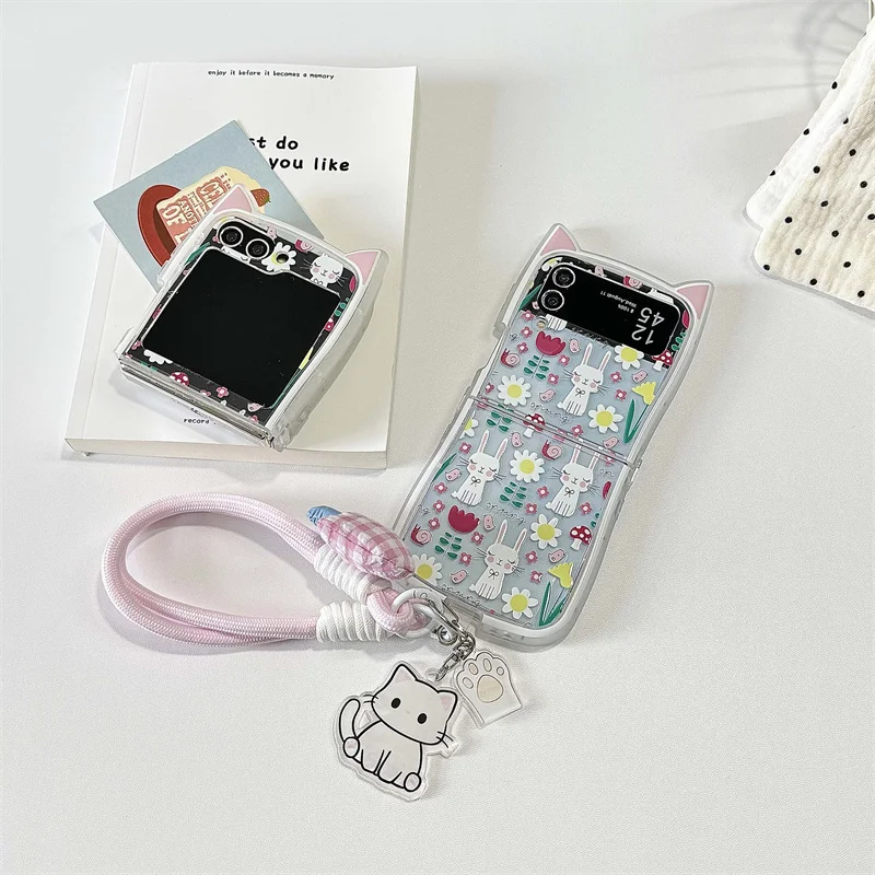 Phone Cases For Samsung Galaxy Z Flip 6 5 4 3 ZFlip6 Z Flip6 ZFlip 6 Cute Flower Cat Bracelet Cat Ears Shockproof Back Cover image 4