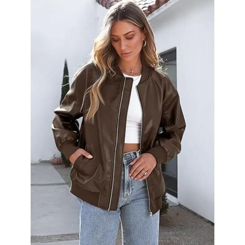 

Winter Outdoor Brown Leather Jacket Women's 100% Authentic Lambskin Bomber Style