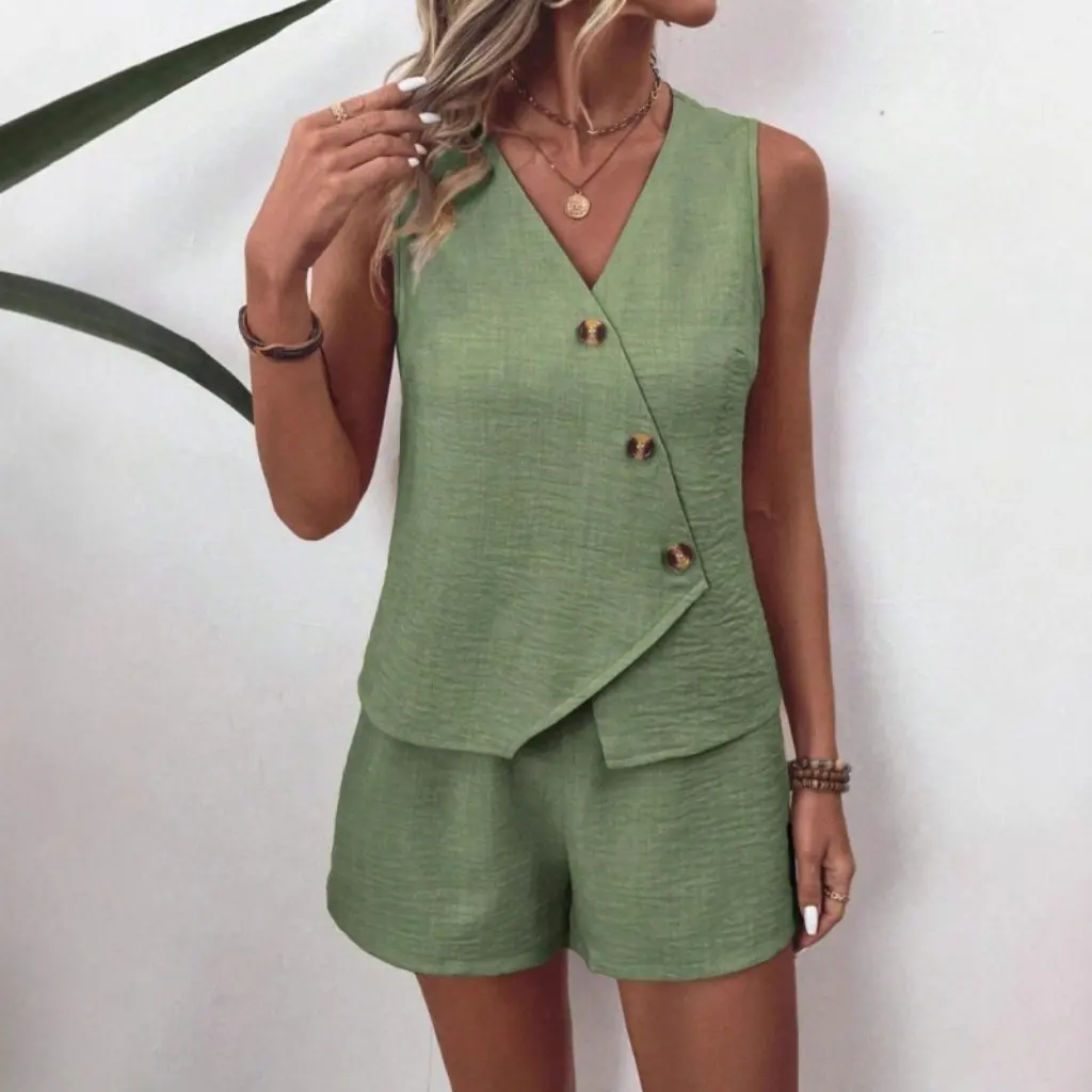 

Summer Fashion Leisure V-Neck Irregular Vest Shorts Suit Women's European And American Independent Station