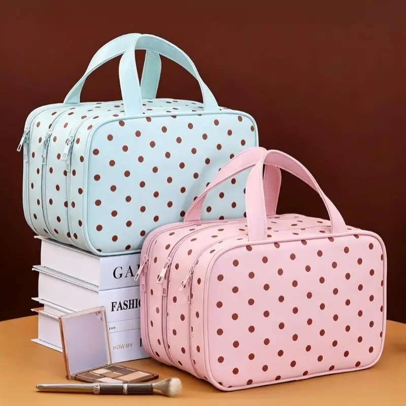Polka Dot Waterproof Cosmetic Bag Large Capacity Multi Compartments Portable Toiletry Pouch for Business Trip Travel