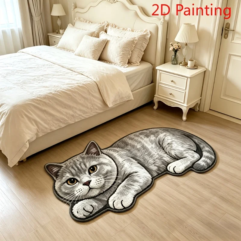 VIKAMA Creeping Grey Tabby Cat Shaped Floor Mat 2D Vivid Animal Print Non Slip Irregular Bedroom Balcony Decor Doormat