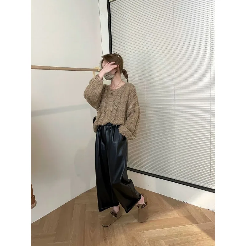 Outono e inverno estilo coreano couro do plutônio calças de perna larga para mulheres preto cintura alta solta moda nove pontos calças