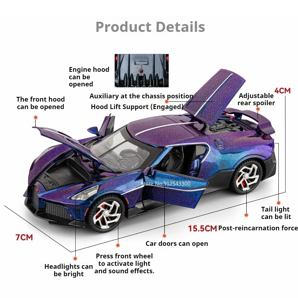 1:32 La Voiture Noire Tourbillon Model Car Toy Adjustable Rear Spoiler Exquisite Interior Details Vehicles for Adult Collection