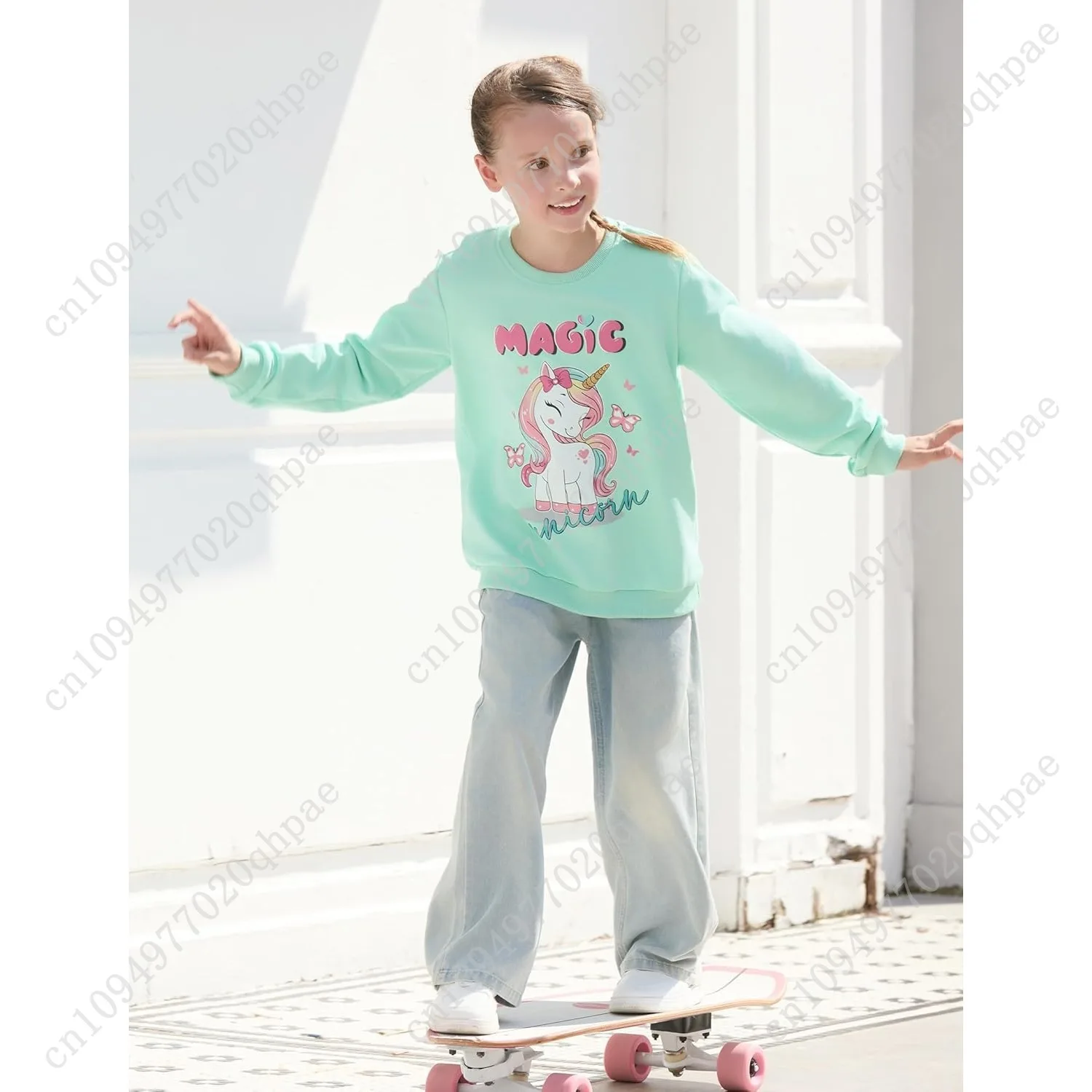 بات بات بلوزات الفتيات حجم 5-14 سنة الجرافيك البلوز كم طويل Crewneck قميص لطيف الكرتون ملابس كاجوال للفتيات