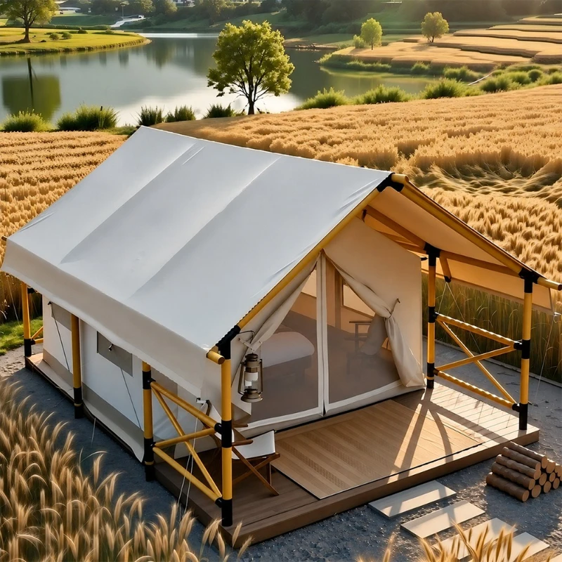 Commercial Glamping Safari Tent Large Canvas Wall Tent with Deck Premium Outdoor Accommodation for Glamping Resort Camping Site