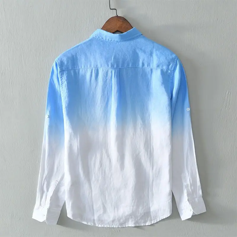 Men Blue Gradient Long Sleeve Shirt Stretch Casual Versatile 2026 Outerwear Top
