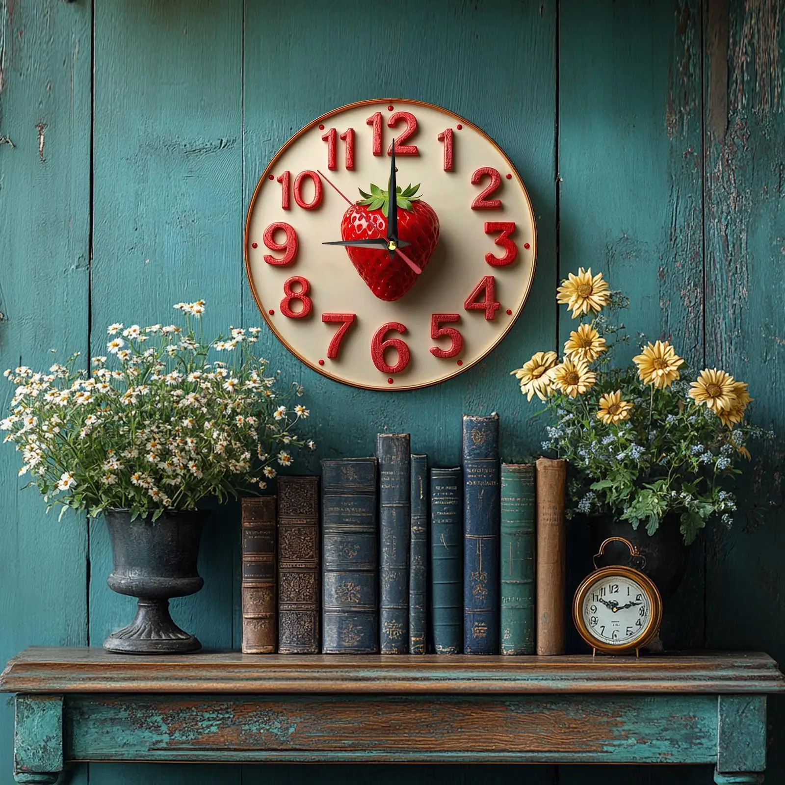 Enchanting Strawberry Themed Silent Wooden Wall Clock Farmhouse Style, 9.8-Inch Round, Battery Powered (Aa Batteries Not