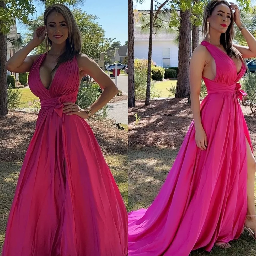 

Customized Delicate Rose red Jersey Evening Dress Exquisite V-Neck Cap Sleeve Prom Dress Chapel Train Backless Party Dress