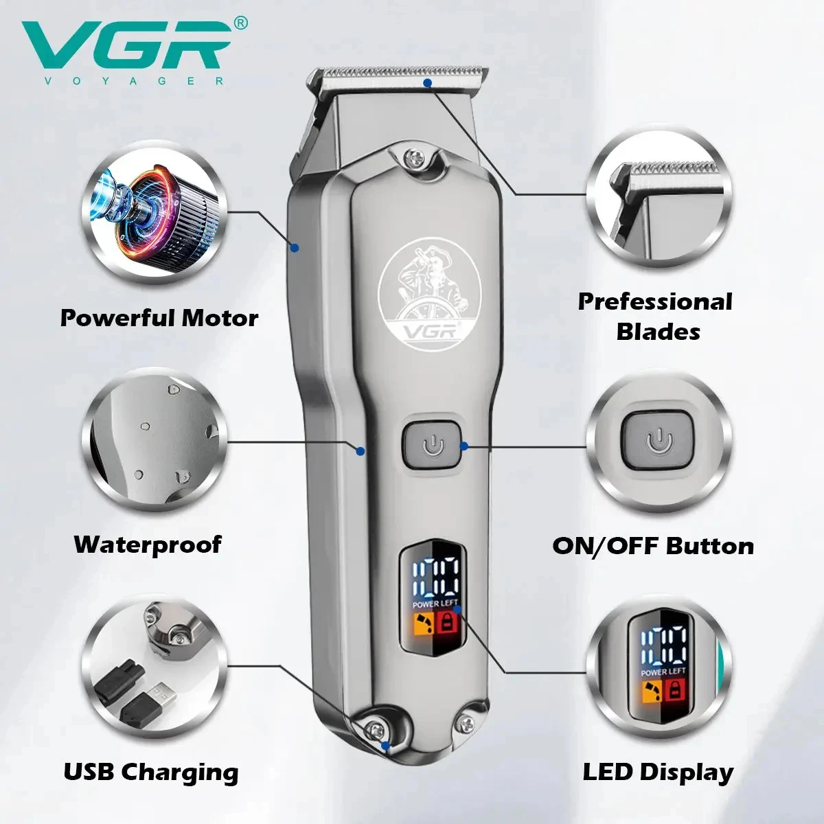 VGR V-675 S3 3-in-1 high-end hair trimming set metal body sharp blade hair clipper LED electric push shear reciprocating men's s