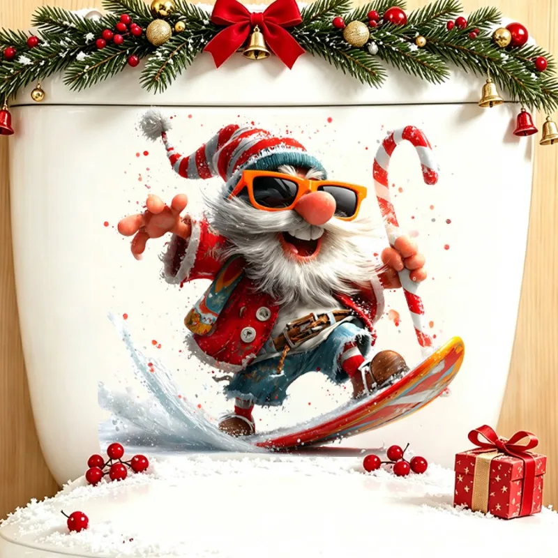 Skiing Cool Christmas Gnome Toilet Sticker Sunglasses Candy Cane Wall Decal Self‑Adhesive PVC Sticker for Home Decor